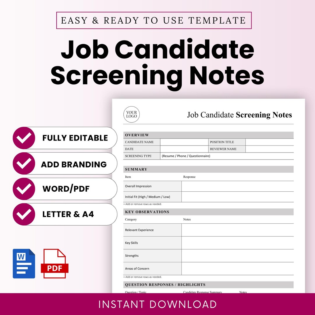 Job Candidate Screening Notes Template – Word & PDF, A4 + US Letter - Etsy