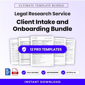 May include: A digital document bundle titled Ultimate Template Bundle, Legal Research Service, Client Intake and Onboarding Bundle. It features 12 pro templates, fully editable, with branding options, available in letter and A4 sizes for instant download.