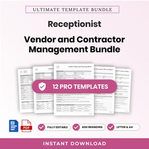 Może przedstawiać: Cyfrowy pakiet dokumentów zatytułowany Ultimate Template Bundle, Receptionist Vendor and Contractor Management Bundle, zawierający 12 profesjonalnych szablonów. Zawiera ikony Word i PDF, w pełni edytowalne, możliwość dodania brandingu, formaty letter i A4.
