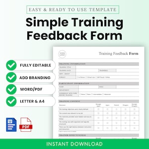 Puede incluir: Una plantilla de formulario de retroalimentación de capacitación simple con el texto "Simple Training Feedback Form". El formulario incluye secciones para información de capacitación, información del participante y contenido de capacitación. El formulario es totalmente editable.