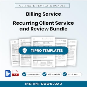 May include: A digital template bundle titled Ultimate Template Bundle, Billing Service, Recurring Client Service and Review Bundle. It features 11 pro templates, including a recurring service calendar, in Word and PDF formats for letter and A4.