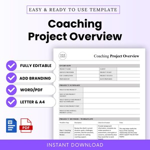 Op de afbeelding: Een Coaching Project Overview sjabloondocument met secties voor projectoverzicht en workflow. De pagina bevat tekstvelden voor projectnaam, klant en dienstverlener. Paarse vinkjes markeren functies zoals volledig bewerkbaar, branding toevoegen, Word/PDF en letter/A4-formaten.