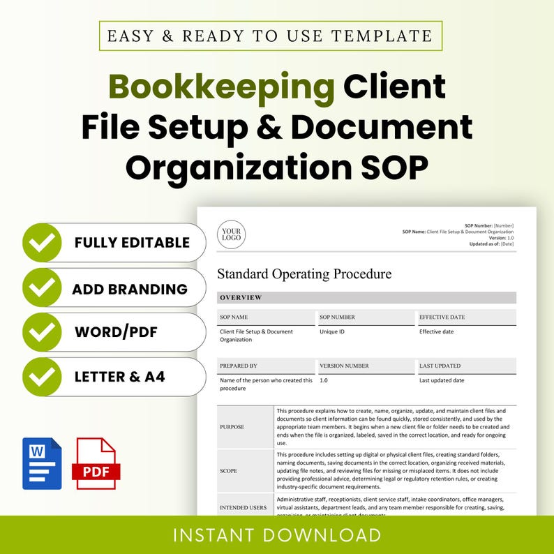 Bookkeeping Client File Setup & Document Organization SOP Template Word and Bookkeeping Client File Setup & Document Organization SOP Template PDF for organizing client receipts, bank statements, invoices, payroll files, reports, and monthly bookkeeping documents. This editable and printable bookkeeping SOP template is designed for virtual bookkeepers, bookkeeping firms, finance assistants, and back-office teams that need a simple client file system.