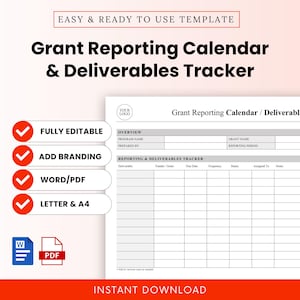 Op de afbeelding: Een wit en grijs Grant Reporting Calendar & Deliverables Tracker sjabloon. De sjabloon bevat secties voor programmanaam, rapportageperiode en het volgen van deliverables. Volledig bewerkbaar, merk toevoegen, Word/PDF en A4.