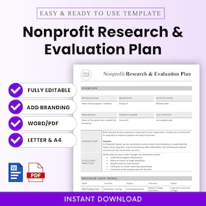 May include: A white and gray Nonprofit Research & Evaluation Plan template with purple accents. The document includes sections for program details, evaluation objectives, and a program logic model. Text includes "Fully Editable," "Add Branding," "Word/PDF," and "Instant Download."
