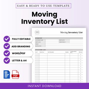 Peut inclure: Un modèle de liste d'inventaire de déménagement imprimable avec le titre "Moving Inventory List" en grand texte noir. Le modèle comprend des sections pour la vue d'ensemble et les détails de l'inventaire. Caractéristiques : entièrement modifiable, ajouter une marque, Word/PDF et A4.