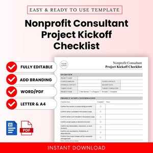 Op de afbeelding: Een wit en rood sjabloon met de titel "Nonprofit Consultant Project Kickoff Checklist". De checklist bevat secties voor projectoverzicht en scopebevestiging. Kenmerken zijn volledig bewerkbaar, branding toevoegen, Word/PDF en A4.
