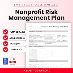 Puede incluir: Una plantilla lista para usar para un Plan de Gestión de Riesgos para organizaciones sin fines de lucro. El documento es totalmente editable, permite la personalización de la marca y está disponible en formatos Word y PDF. Incluye estrategias de mitigación, roles y responsabilidades.