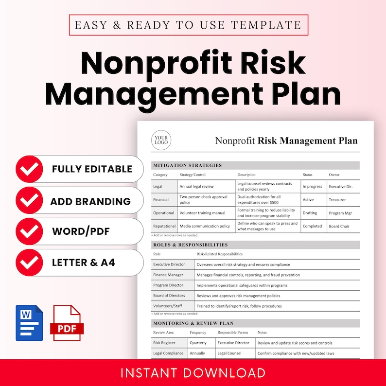 Nonprofit Risk Management Plan Template cover image featuring editable Microsoft Word and printable PDF formats. Highlights features like branding customization, A4 and US Letter sizes, and instant digital download for nonprofit compliance and audit prep.