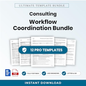 Peut inclure: Un ensemble de documents numériques intitulé Ultimate Template Bundle et Consulting Workflow Coordination Bundle. Il comprend 12 modèles professionnels, dont un planificateur de charge de travail, aux formats Word et PDF, avec options de personnalisation et tailles A4 ou lettre.