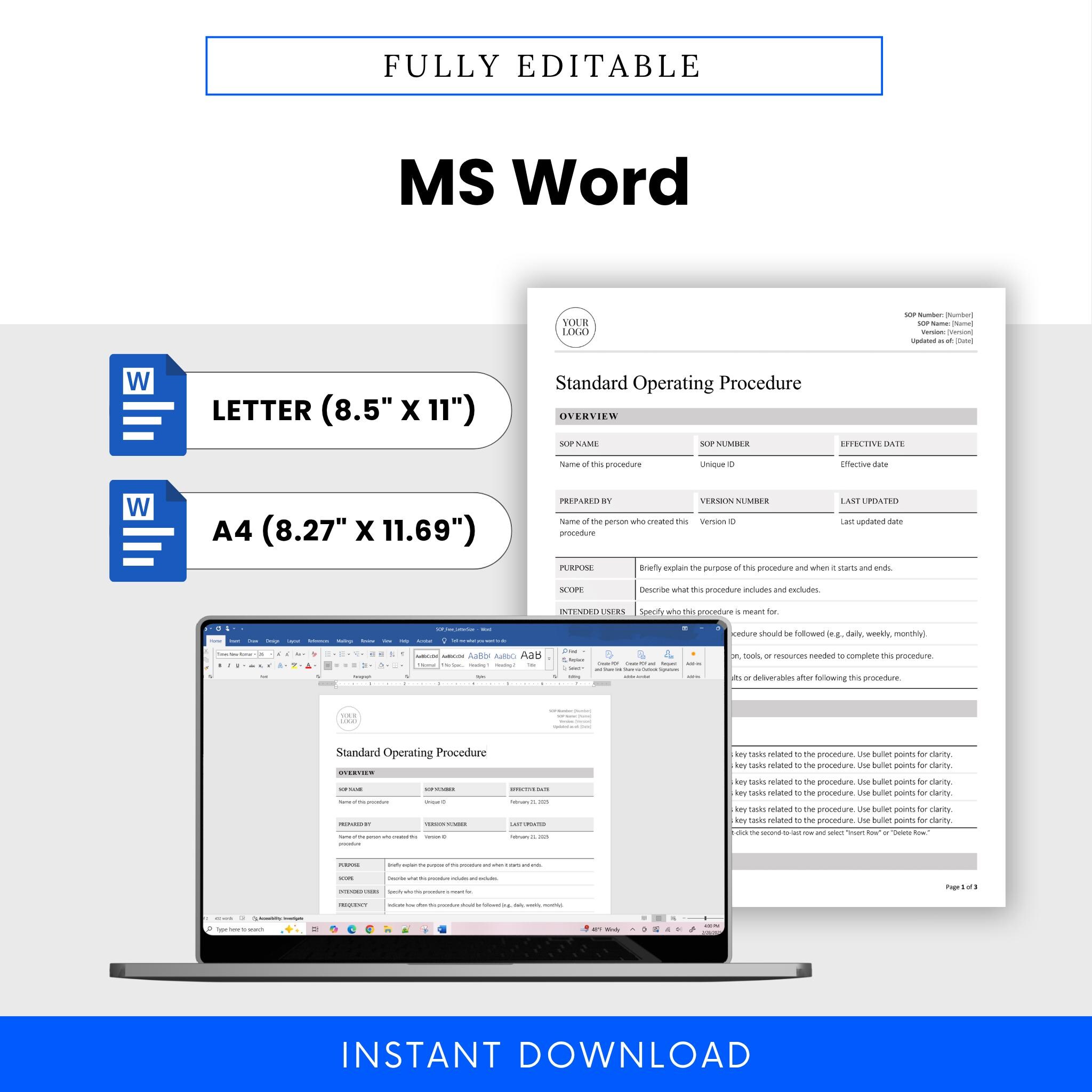 Standard Operating Procedure Template (word, PDF) | Simple SOP Template ...