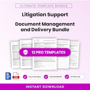 Op de afbeelding: Een digitaal sjabloonpakket voor procesondersteuning, documentbeheer en levering. De set bevat 12 professionele sjablonen, volledig bewerkbaar, compatibel met Word en PDF, beschikbaar in letter- en A4-formaat voor directe download.