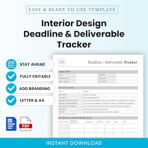 May include: An interior design deadline and deliverable tracker template featuring an overview section, a status guide, and a log table. The document includes fields for date, manager, and department, with icons for Word and PDF file formats.
