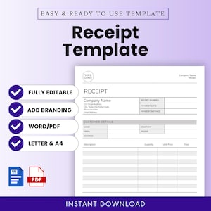 Receipts Template (Word, PDF) | Simple Receipt Template | Payment Receipt, Business Document, Printable Personal Receipt, Cash Receipt, Bank