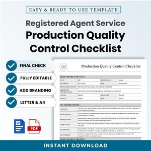 Peut inclure: Un modèle numérique pour une liste de contrôle de contrôle qualité de service d'agent enregistré. Le document comprend des sections pour les détails des livrables, les instructions de contrôle qualité et le profil de livrable, avec des icônes Word et PDF.