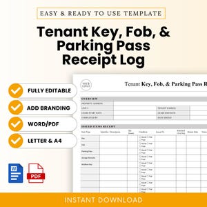 Może przedstawiać: Wydrukowany szablon zatytułowany "Tenant Key, Fob, & Parking Pass Receipt Log" z białym tłem i pomarańczowymi akcentami. Szablon zawiera sekcje na adres nieruchomości, nazwiska najemców i wydane przedmioty. Zawiera "W pełni edytowalny", "Dodaj markę" i "Word/PDF".