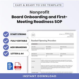 Puede incluir: Una plantilla digital para un documento SOP de incorporación y preparación para la primera reunión de una junta directiva sin fines de lucro. La página incluye secciones de resumen, propósito, alcance y usuarios previstos.