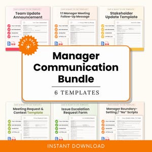 Peut inclure: Un ensemble de six modèles commerciaux, dont une annonce de mise à jour d'équipe et un modèle de mise à jour des parties prenantes. Les modèles sont étiquetés comme entièrement modifiables et prêts à l'emploi, avec des options de marque et divers formats de fichiers. Le texte "Manager Communication Bundle" est affiché.