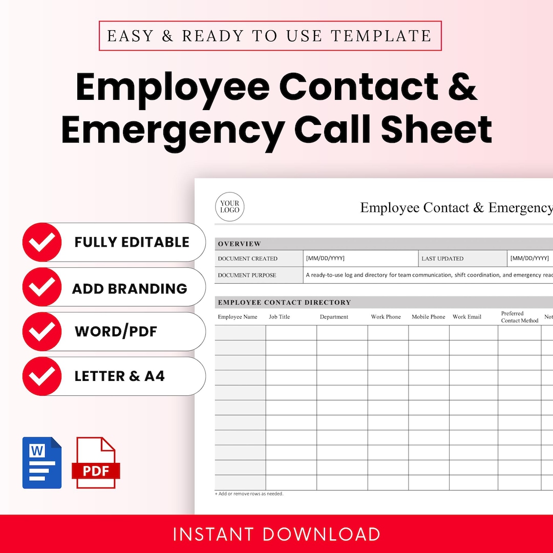 Employee Contact and Emergency Call Sheet Template – Word & PDF, A4 ...