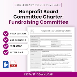 Op de afbeelding: Een paars en wit document getiteld "Nonprofit Board Committee Charter: Fundraising Committee". Het document bevat secties voor overzicht, comitéoverzicht en belangrijke stakeholders. Kenmerken zijn volledig bewerkbaar, branding toevoegen, Word/PDF en letter & A4.