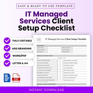 以下が含まれることがあります： 紫と白で「IT Managed Services Client Setup Checklist」というタイトルのデジタルテンプレート。 「完全に編集可能」、「ブランドの追加」、および「Word/PDF」が含まれています。 チェックリストには、ユーザー設定とデバイスインベントリのセクションが含まれています。