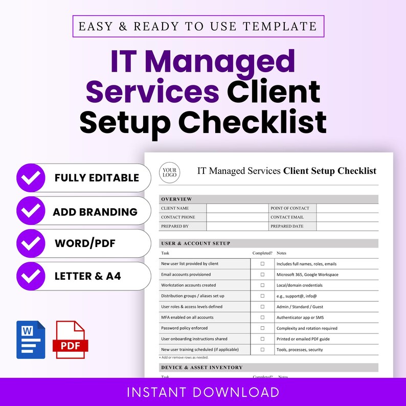 IT Managed Services Client Setup Checklist digital product cover featuring editable checklist preview. Highlights features like fully editable, add your branding, Word/PDF formats, and Letter & A4 sizes. Ideal for MSPs and IT service providers.