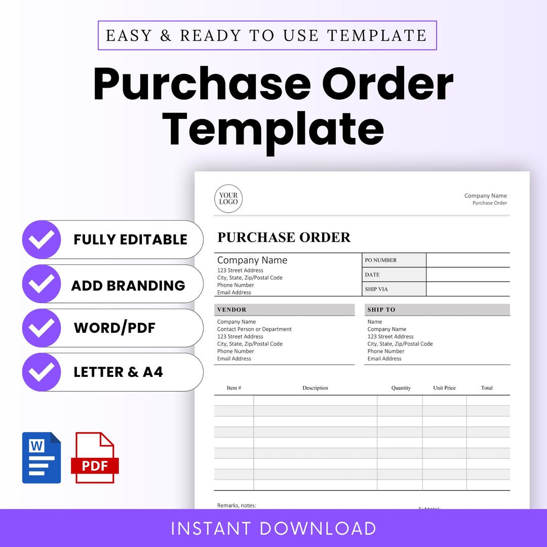 Purchase Order Template (word, PDF) | Printable, Editable, Business ...