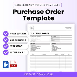 Purchase Order Template (Word, PDF) | Printable, Editable, Business Order Form, Small Business, Inventory Management, Vendor Management