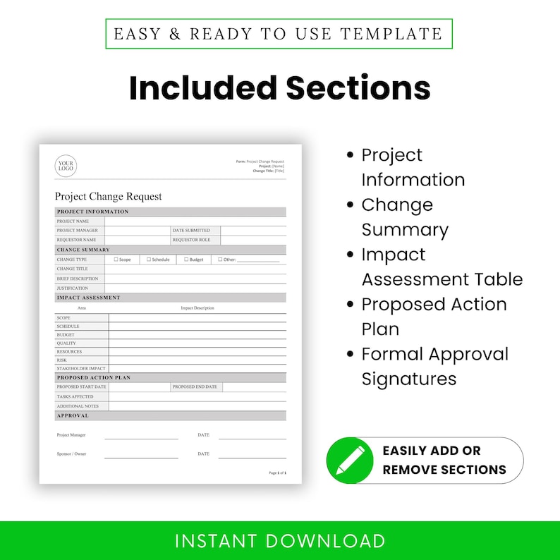 Simple Project Change Request Template (word, PDF) | Project Management ...