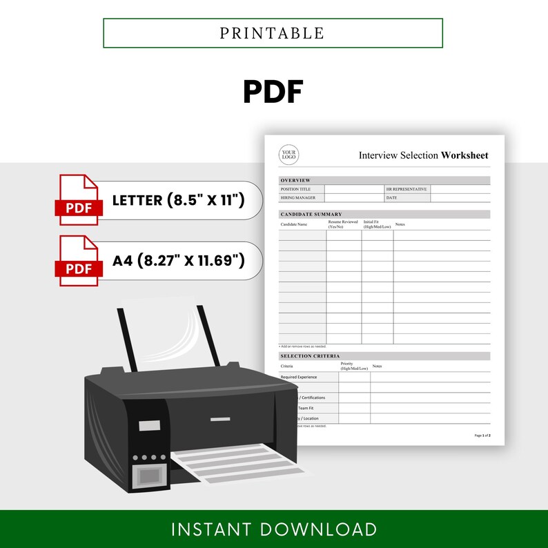Interview Selection Worksheet Template – Word & PDF, A4 + US Letter - Etsy