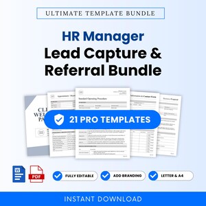 May include: A digital template bundle titled Ultimate Template Bundle HR Manager Lead Capture & Referral Bundle, featuring 21 pro templates, Word and PDF icons, and text indicating fully editable, add branding, letter & A4, and instant download.