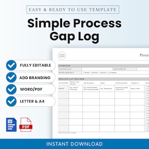 Op de afbeelding: Een wit en grijs Simple Process Gap Log-sjabloon met de tekst "EASY & READY TO USE TEMPLATE". Functies zijn onder meer "FULLY EDITABLE", "ADD BRANDING", "WORD/PDF" en "LETTER & A4". Bevat een sectie voor het volgen van hiaten.