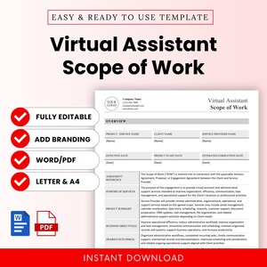 以下が含まれることがあります： 「Virtual Assistant Scope of Work」というタイトルのデジタルテンプレートで、編集可能なフィールドがあります。「完全に編集可能」、「ブランドの追加」、「Word/PDF」、「Letter & A4」のオプションが含まれています。管理および運用サポート用に設計されています。
