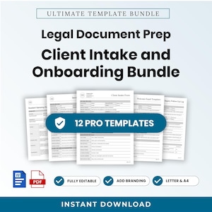 May include: A digital document bundle titled Ultimate Template Bundle, Legal Document Prep, Client Intake and Onboarding Bundle. It features 12 pro templates, including intake forms and logs, with Word and PDF icons, fully editable, add branding, and letter and A4 options.