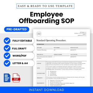May include: A digital template for an Employee Offboarding SOP, featuring a clean, professional design. The document includes sections for SOP name, number, and effective date. It is pre-drafted, fully editable, and available in Word/PDF formats. The template is ready for instant download.