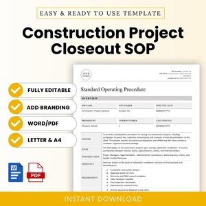 Puede incluir: Plantilla digital para un SOP de Cierre de Proyecto de Construcción. El documento es totalmente editable, permite la personalización y está disponible en formatos Word/PDF y tamaños Carta y A4. El texto dice "Easy & Ready to Use Template".