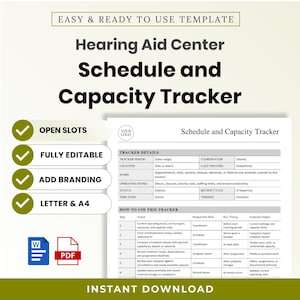 Könnte beinhalten: Eine digitale Vorlage für einen Zeitplan- und Kapazitäts-Tracker für ein Hörzentrum. Das Dokument enthält Abschnitte für Tracker-Details und eine sechsschrittige Anleitung zur Verwendung. Symbole für Word- und PDF-Formate sind abgebildet.