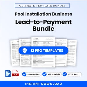 Peut inclure: Un ensemble de documents professionnels numériques intitulé Ultimate Template Bundle Pool Installation Business Lead-to-Payment Bundle comprenant 12 modèles. Les pages blanches incluent des formulaires d'admission et des factures avec des icônes Word et PDF.