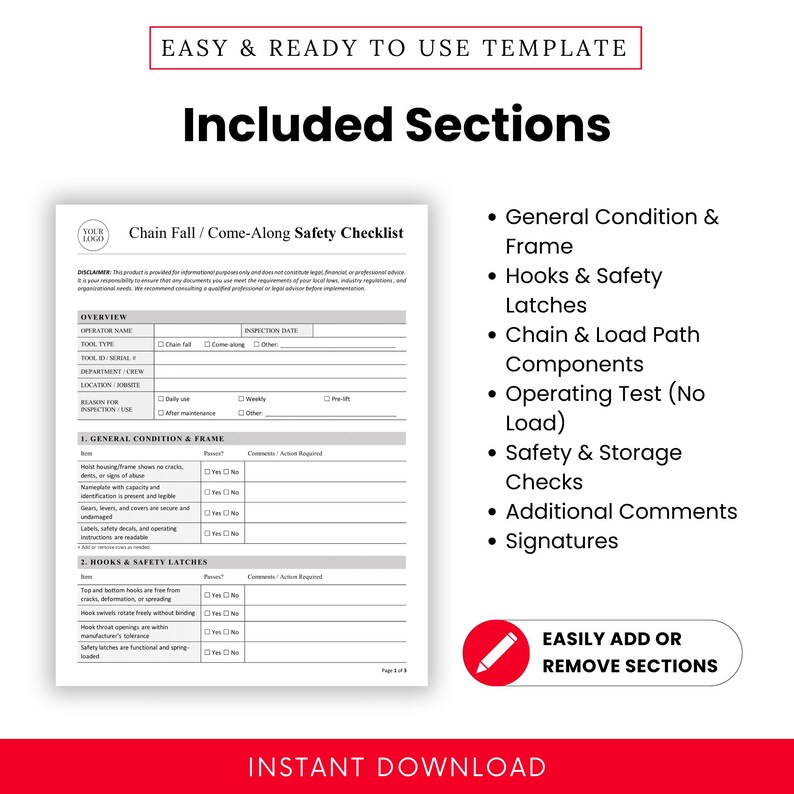 Chain Fall / Come-along Safety Checklist Template – Word & PDF, A4 + US ...
