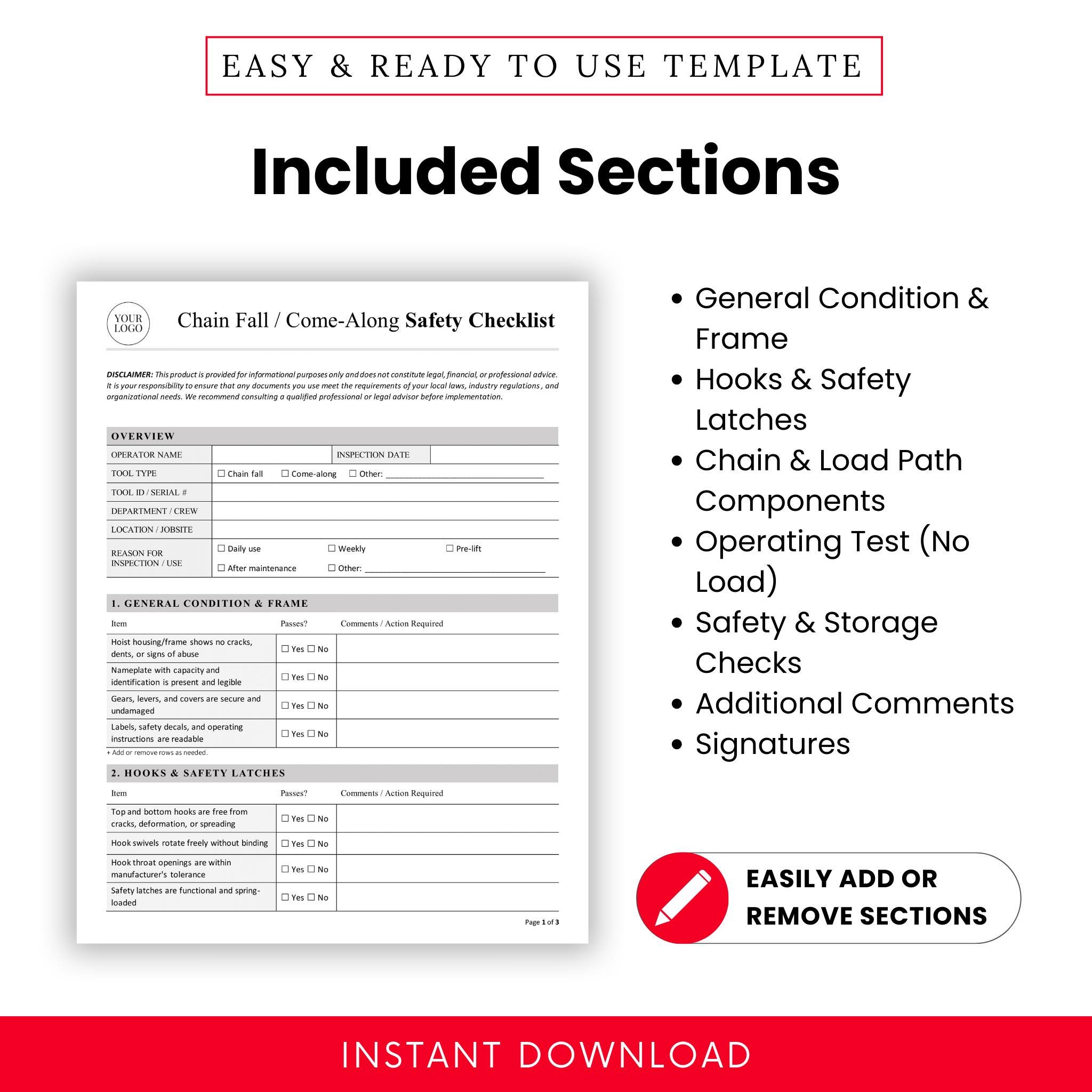 Safety Chain Forms Examples Chain Fall / Come-along Safety Checklist Template – Word & PDF, A4 + US ...