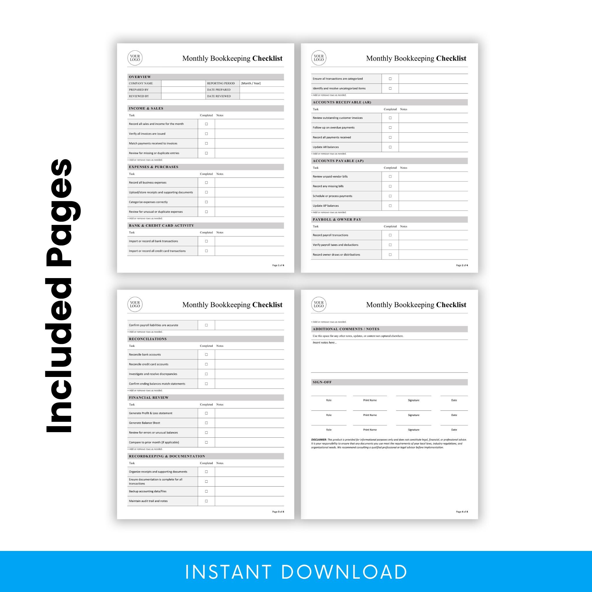 Monthly Bookkeeping Checklist Template – Word & PDF, A4 + US Letter - Etsy