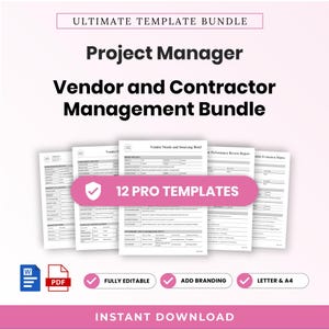 Puede incluir: Un paquete de documentos digitales titulado Ultimate Template Bundle, Project Manager Vendor and Contractor Management Bundle, que incluye 12 plantillas profesionales. Contiene iconos de Word y PDF, además de etiquetas de edición, marca y tamaño A4.