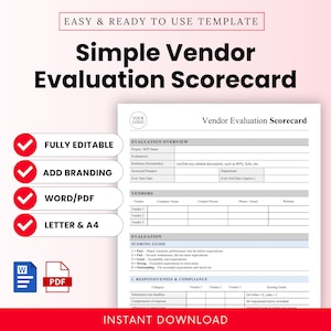 Può includere: Un modello di scheda di valutazione dei fornitori bianco con il testo "Simple Vendor Evaluation Scorecard" in grandi lettere nere. Il modello include sezioni per la panoramica della valutazione, i fornitori e la guida alla valutazione. Le icone indicano che il modello è completamente modificabile, consente il branding ed è disponibile in formato Word/PDF.