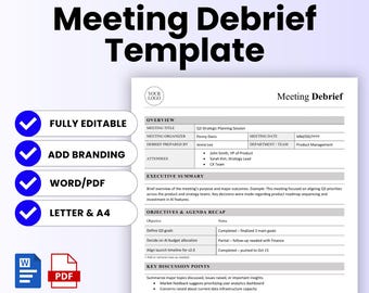 May include: A white and gray Meeting Debrief Template with the text "EASY & READY TO USE TEMPLATE" and "Meeting Debrief Template". Features include "FULLY EDITABLE", "ADD BRANDING", "WORD/PDF", and "LETTER & A4".