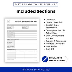 individual development plan sections list including overview career objective development goals action plan skills tracker, HR template structure for employee growth planning