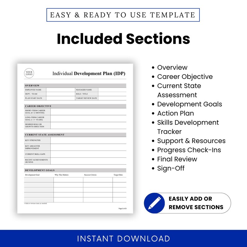 individual development plan sections list including overview career objective development goals action plan skills tracker, HR template structure for employee growth planning
