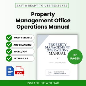 May include: A Property Management Office Operations Manual template featuring 27 pages. The document is fully editable, supports branding, and is available in Word, PDF, Letter, and A4 formats. The cover displays the title and placeholders for company name.