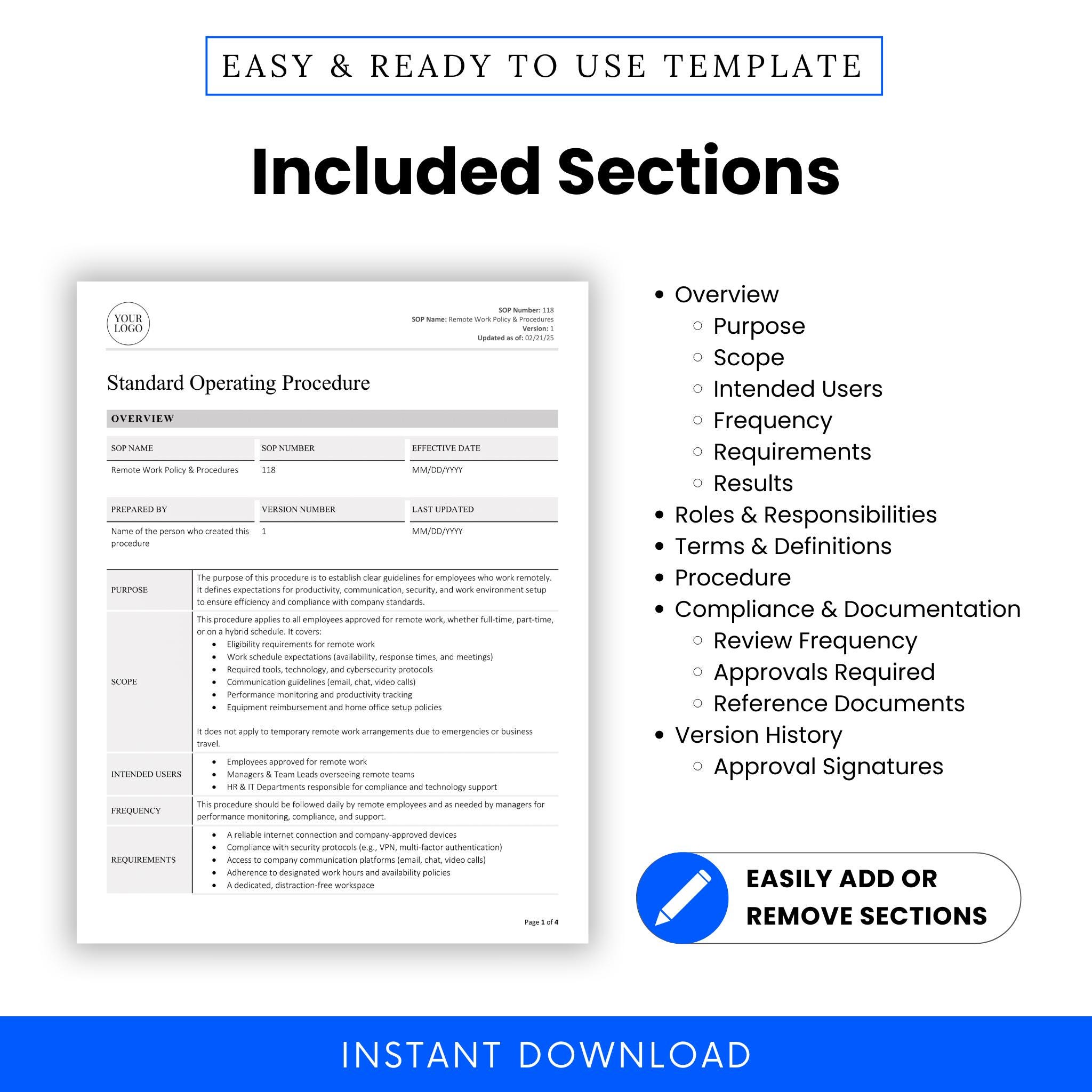 Remote Work Policy & Procedures SOP Template (word, PDF) | Simple ...