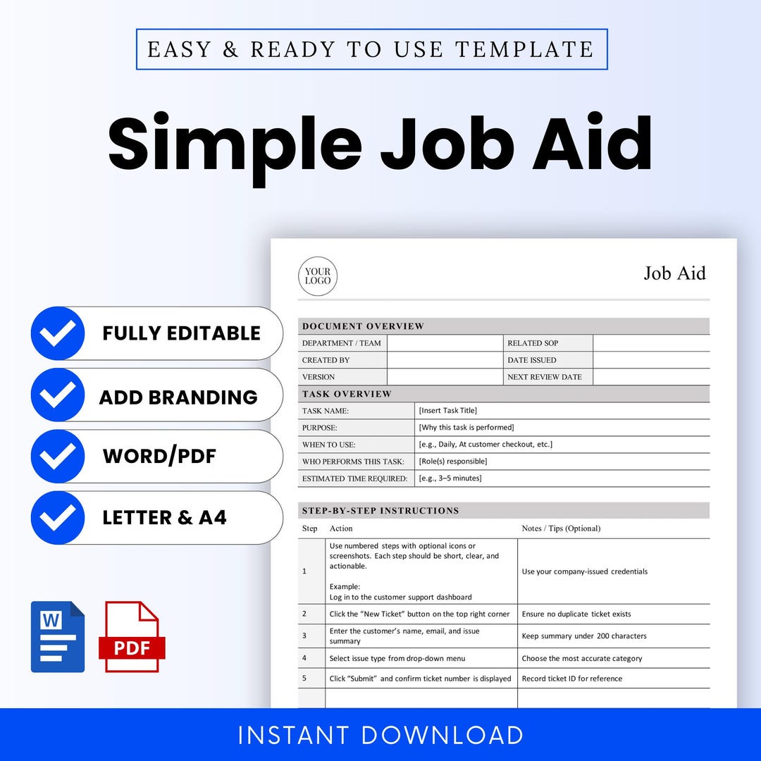 Simple Job Aid Template – Word & PDF, A4 + US Letter - Etsy