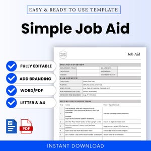 May include: A white document titled "Simple Job Aid" with blue checkmarks indicating features like "Fully Editable" and "Add Branding." The document includes sections for task overview and step-by-step instructions, with the text "Instant Download" at the bottom.